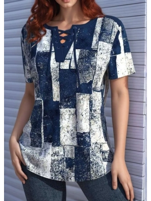 Kadın Kısa Kollu Yakası Bağcıklı Kuş Gözü Detay Süprem Bluz