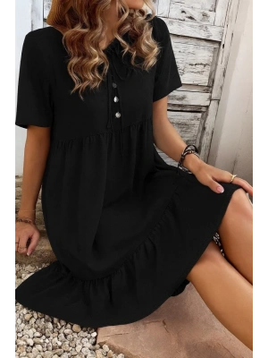 Kadın Kısa Kollu Yakası Bağcıklı önden Düğmeli Fırfır Desenli Süprem Elbise