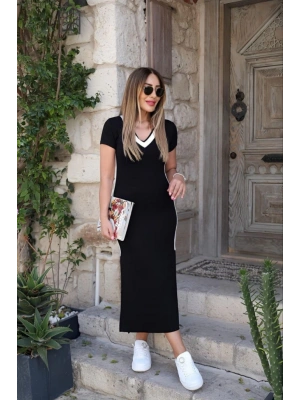 Kadın Kısa Kollu Yanları şerit Detay Yakası Ribanalı Yırtmaçlı Viskon Uzun Elbise