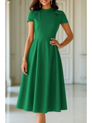 Kadın Kısa Kollu Yarı Balıkçı Yaka Pileli Janjan Krep Midi Elbise