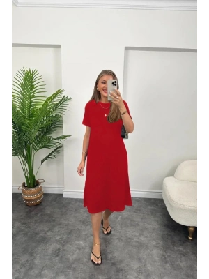 Kadın Kısa Kollu Yırtmaç Detaylı Salaş Viskon Elbise