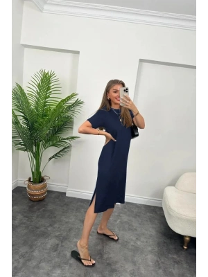 Kadın Kısa Kollu Yırtmaç Detaylı Salaş Viskon Elbise