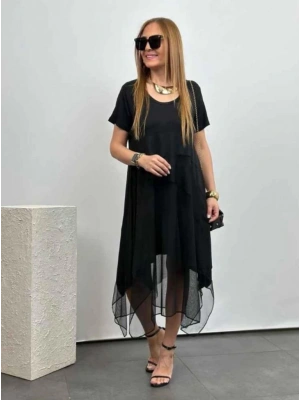 Kadın Kısa Kollu Yuvarlak Tüllü Asimetrik Detaylı Viskon Elbise