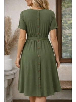 Kadın Kısa Kollu Yuvarlak Yaka Arkadan Düğmeli Viskon Midi Elbise