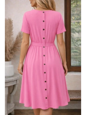 Kadın Kısa Kollu Yuvarlak Yaka Arkadan Düğmeli Viskon Midi Elbise