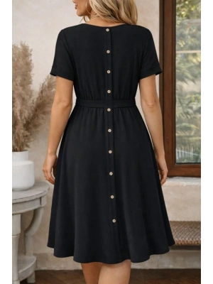 Kadın Kısa Kollu Yuvarlak Yaka Arkadan Düğmeli Viskon Midi Elbise