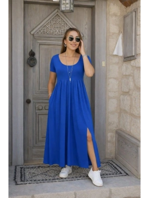 Kadın Kısa Kollu Yuvarlak Yaka önden Yırtmaçlı Cepli Viskon Uzun Elbise