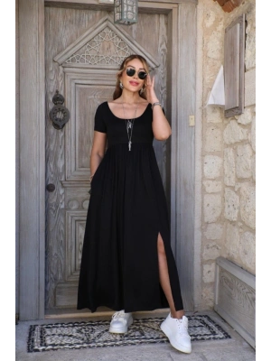 Kadın Kısa Kollu Yuvarlak Yaka önden Yırtmaçlı Cepli Viskon Uzun Elbise