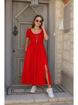 Kadın Kısa Kollu Yuvarlak Yaka önden Yırtmaçlı Cepli Viskon Uzun Elbise