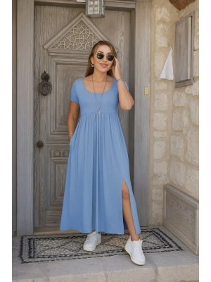 Kadın Kısa Kollu Yuvarlak Yaka önden Yırtmaçlı Cepli Viskon Uzun Elbise