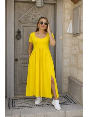 Kadın Kısa Kollu Yuvarlak Yaka önden Yırtmaçlı Cepli Viskon Uzun Elbise