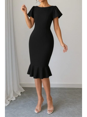 Kadın Kısa Kollu Yuvarlak Yaka Pileli Janjan Krep Elbise