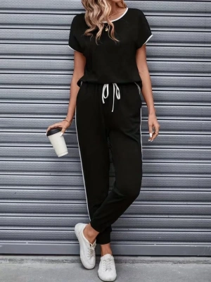 Kadın Kısa Kollu Yuvarlak Yakalı şerit Detaylı Viskon Iki Iplik Bluz Ve Pantolon Ikili Takım