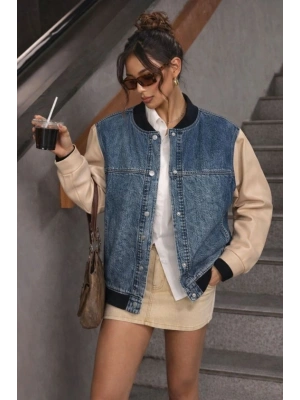 Kadın Kolları Deri Detay Bomber Kot Ceket