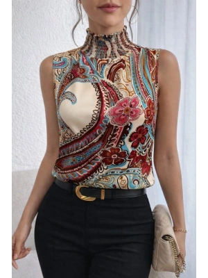 Kadın Kolsuz Balıkçı Yaka Desenli Süprem Bluz