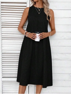 Kadın Kolsuz Bisiklet Yaka Cepli Midi Keten Elbise