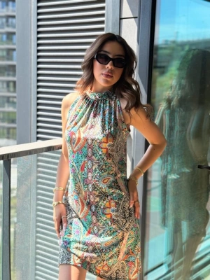 Kadın Kolsuz Boyundan Askılı Desenli Midi Süprem Elbise