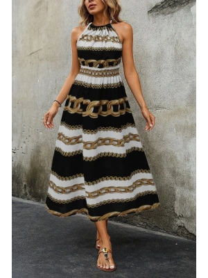 Kadın Kolsuz Boyundan Bağlamalı Beli Lastikli Dijital Baskı Süprem Uzun Elbise