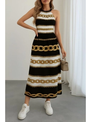 Kadın Kolsuz Boyundan Bağlamalı Beli Lastikli Dijital Baskı Süprem Uzun Elbise