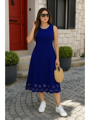 Kadın Kolsuz Etek Ucu Lazer Kesim çiçek Desenli Midi Boy Ithal Krep Elbise