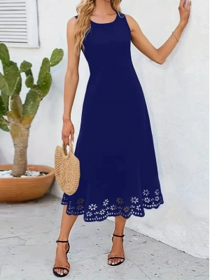 Kadın Kolsuz Etek Ucu Lazer Kesim çiçek Desenli Midi Boy Ithal Krep Elbise