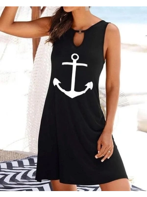 Kadın Kolsuz Halka Detay çıpa Baskılı Viskon Elbise