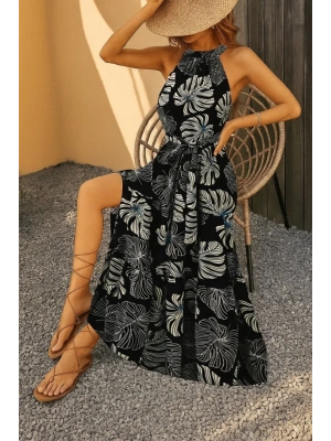 Kadın Kolsuz Halter Yaka Beli Lastikliotantik Desenli Mikro Kumaş Elbise