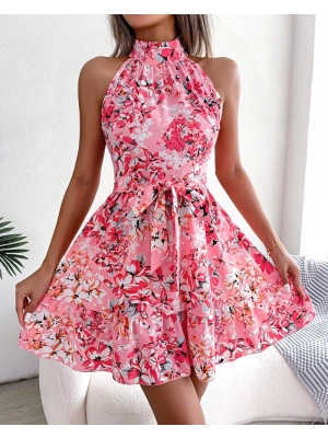Kadın Kolsuz Halter Yaka çiçek Baskılı Eteği Volanlı Sandy Elbise