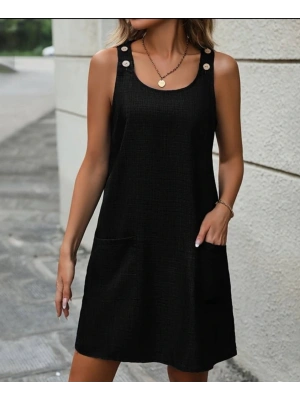 Kadın Kolsuz Kalın Askılı Düğme Detay Cepli Keten Elbise