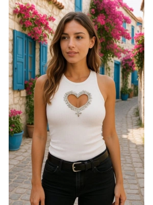 Kadın Kolsuz Kalp Dekolteli Taş Detaylı Kaşkorse Bluz