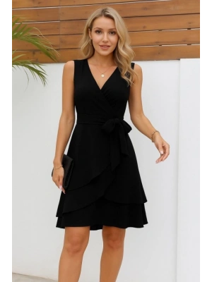 Kadın Kolsuz Kruvaze Yakalı Belden Kuşaklı Janjan Krep Elbise