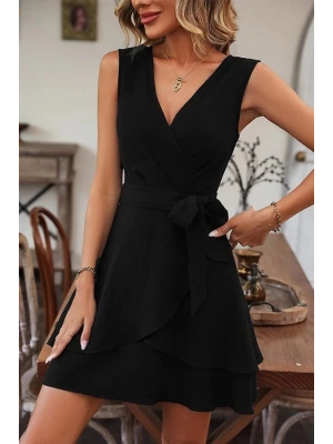 Kadın Kolsuz Kruvaze Yakalı Belden Kuşaklı Janjan Krep Elbise