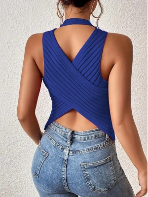 Kadın Kolsuz Sırt çapraz Detay Triko Bluz