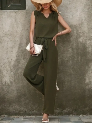 Kadın Kolsuz V Yakalı Aerobin Bluz Ve Belden Kuşaklı Pantolon Ikili Takım