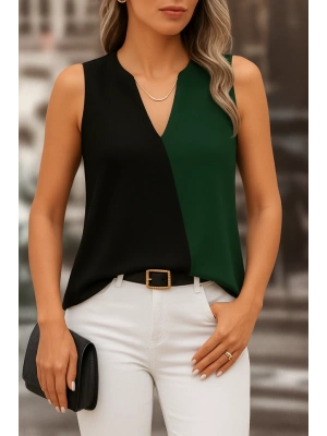 Kadın Kolsuz V Yakalı Blok Renkli Ithal Krep Bluz