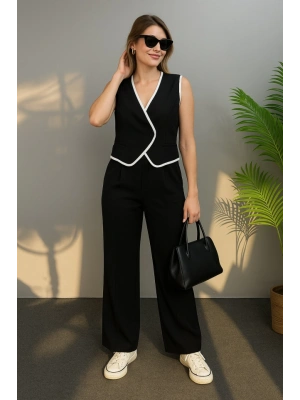 Kadın Kolsuz V Yakalı Düğmeli Ithal Krep Yelek Ve Pantolon Ikili Takım