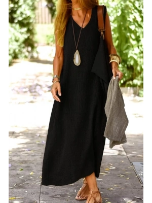 Kadın Kolsuz V Yakalı Maksi Boy Ithal Keten Elbise