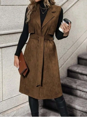 Kadın Kolsuz Yakalı önü Açık Belden Kuşaklı Süet Midi Yelek