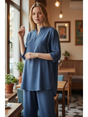 Kadın Kolu Katlanır Düğme Detay Hakim Yaka Bluzve Pantolon Sofia Keten Kumaş Ikili Takim