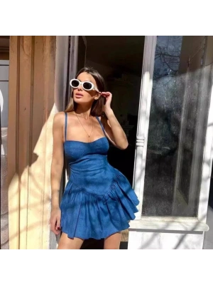 Kadın Kot Kumaş Göğüs Glop Detaylı ırt Fermuarlı Mini Boy Elbise