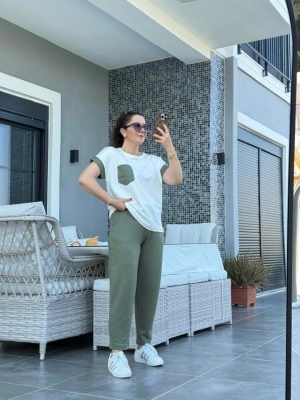 Kadın Kristal Kumaş Garnili Cep Detaylı Ikili Takım