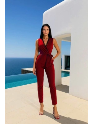 Kadın Kruvaze Yaka Dantel Güpür Ve Kuşak Detay Tulum