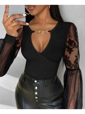 Kadın Kruvaze Yaka Derin Dekolteli Kolları Tül Detay Fırsat ürün Bluz