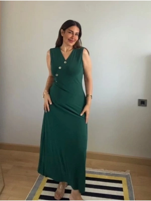 Kadın Kruvaze Yaka Düğme Detay Maxi Boy Elbise