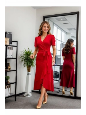 Kadın Kruvaze Yaka idi Boy Kuşaklı Krep Elbise 120 Cm