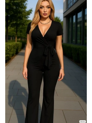 Kadın Kruvaze Yaka Kısa Kollu Kuşaklı Tulum