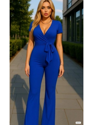 Kadın Kruvaze Yaka Kısa Kollu Kuşaklı Tulum