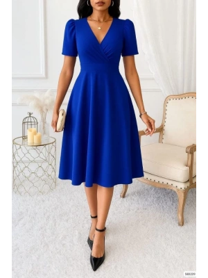 Kadın Kruvaze Yaka Kısa Kollu Midi Boy Krep Kumaş Elbise