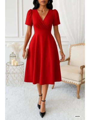 Kadın Kruvaze Yaka Kısa Kollu Midi Boy Krep Kumaş Elbise