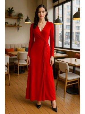 Kadın Kruvaze Yaka Toka Detay Maxi Boy Elbise